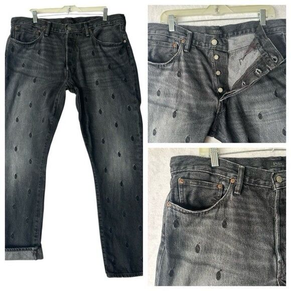 Polo Ralph Lauren Varick Slim Straight All Over Pony Men's Faded BLK Jeans 36x30